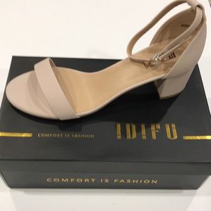 IDIFU women low block heels chunky sandals ankle strap  (Nude Nubuck, 9)